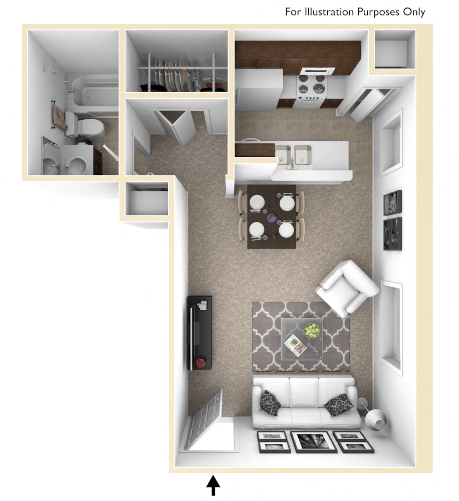 Floor plan for studio, 1 bath, 500 sqft